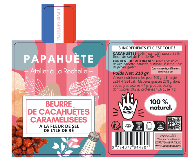 Beurre de cacahuètes caramélisées à la fleur de sel de l'ile de Ré et beurre de cacahuètes au chocolat noir et à la fleur de sel de l'ile de Ré